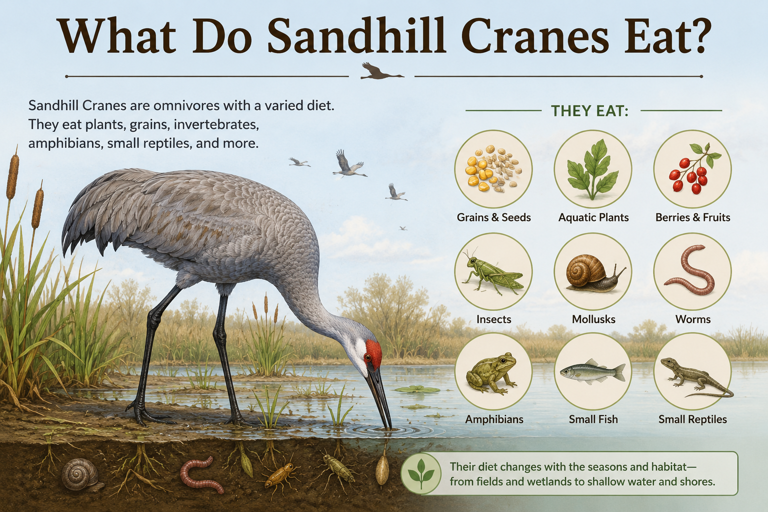 What Do Sandhill Cranes Eat? Diet, Food List & Seasonal Feeding Habits