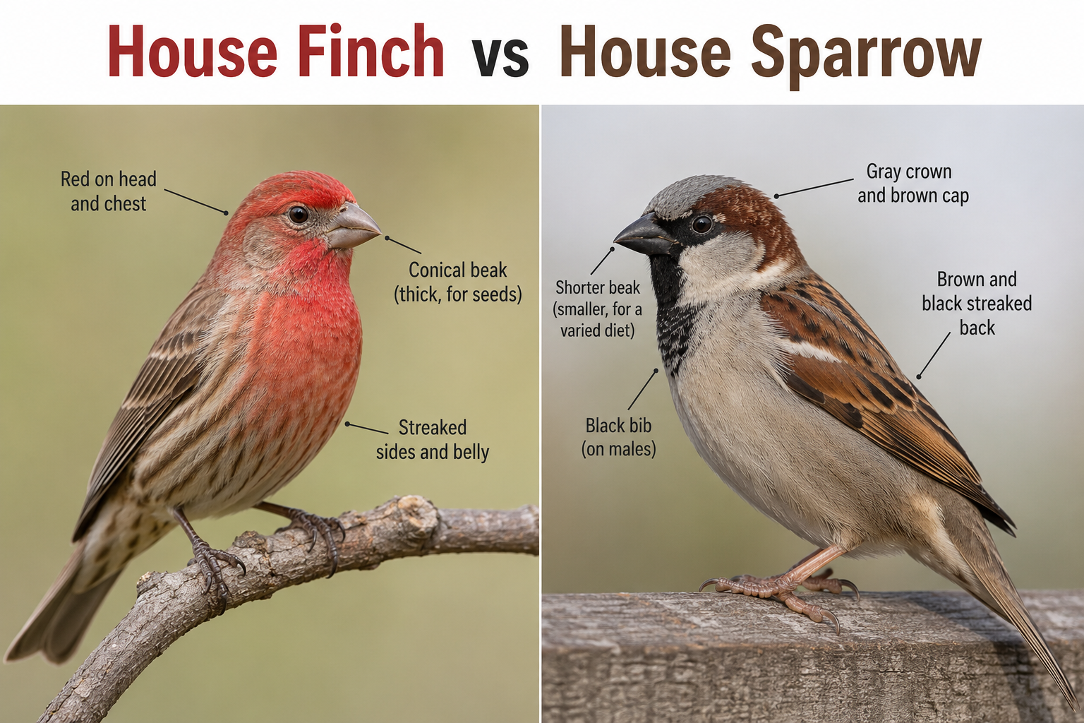 House Finch vs House Sparrow: Key Differences, Photos, and ID Tips
